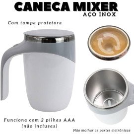 Caneca Mixer Agitação Automática Magnética Com Tampa Alimentação 2 Pilhas AAA 380ml Branca e Cinza Inox Elegante Premium Luxo