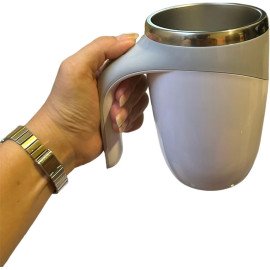 Caneca Mixer Agitação Automática Magnética Com Tampa Alimentação 2 Pilhas AAA 380ml Branca e Cinza Inox Elegante Premium Luxo