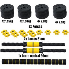 Kit Halteres 6 Em 1 Peso Musculação Até 15kg Ajustável Preto