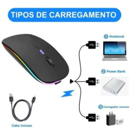 Mouse Sem Fio Recarregável Bluetooth Wireless USB LED RGB Silencioso Ambidestro, Bateria de Longa Duração, Sensibilidade Ajustável