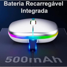 Mouse Sem Fio Recarregável Bluetooth Wireless USB LED RGB Silencioso Ambidestro, Bateria de Longa Duração, Sensibilidade Ajustável