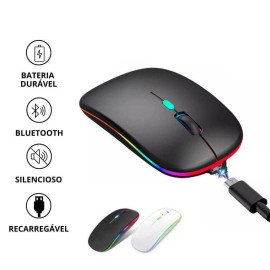 Mouse Sem Fio Recarregável Bluetooth Wireless USB LED RGB Silencioso Ambidestro, Bateria de Longa Duração, Sensibilidade Ajustável