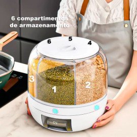 Pote Dispensador de Grãos, Giratório/Rotativo, 6 Compartimentos para Armazenagem e Organização de Grãos e Cereais, Herméticamente fechado para Proteção dos Alimentos.