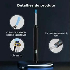 Removedor Cera com Câmera Otoscópica Hd Endoscópica Recarregavel | Otoscópio HD | Aço Inox | Otoscópio Recarregavel | Sem Fio | Wireless